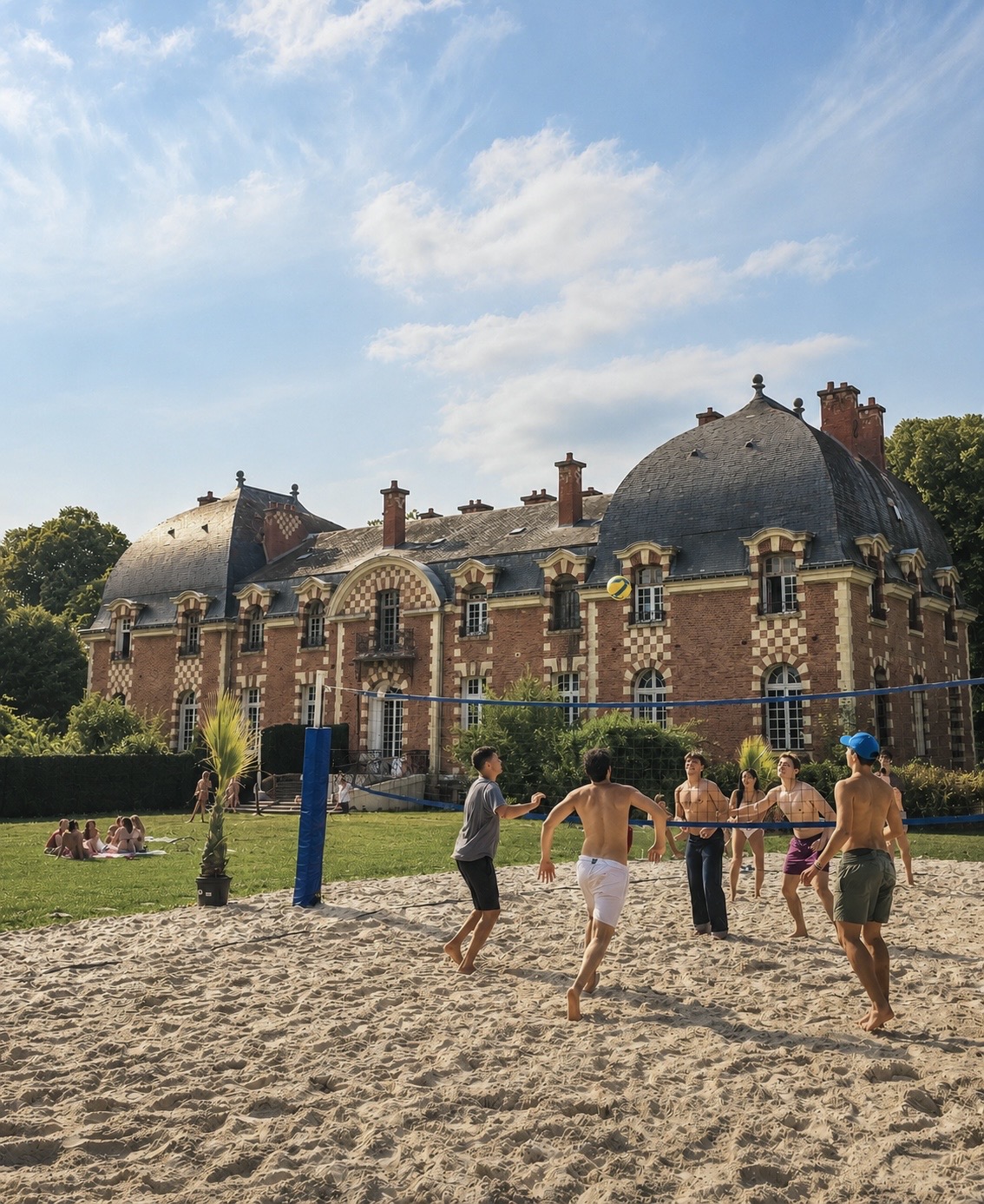 Guests playing volleyball at Château Goyencourt